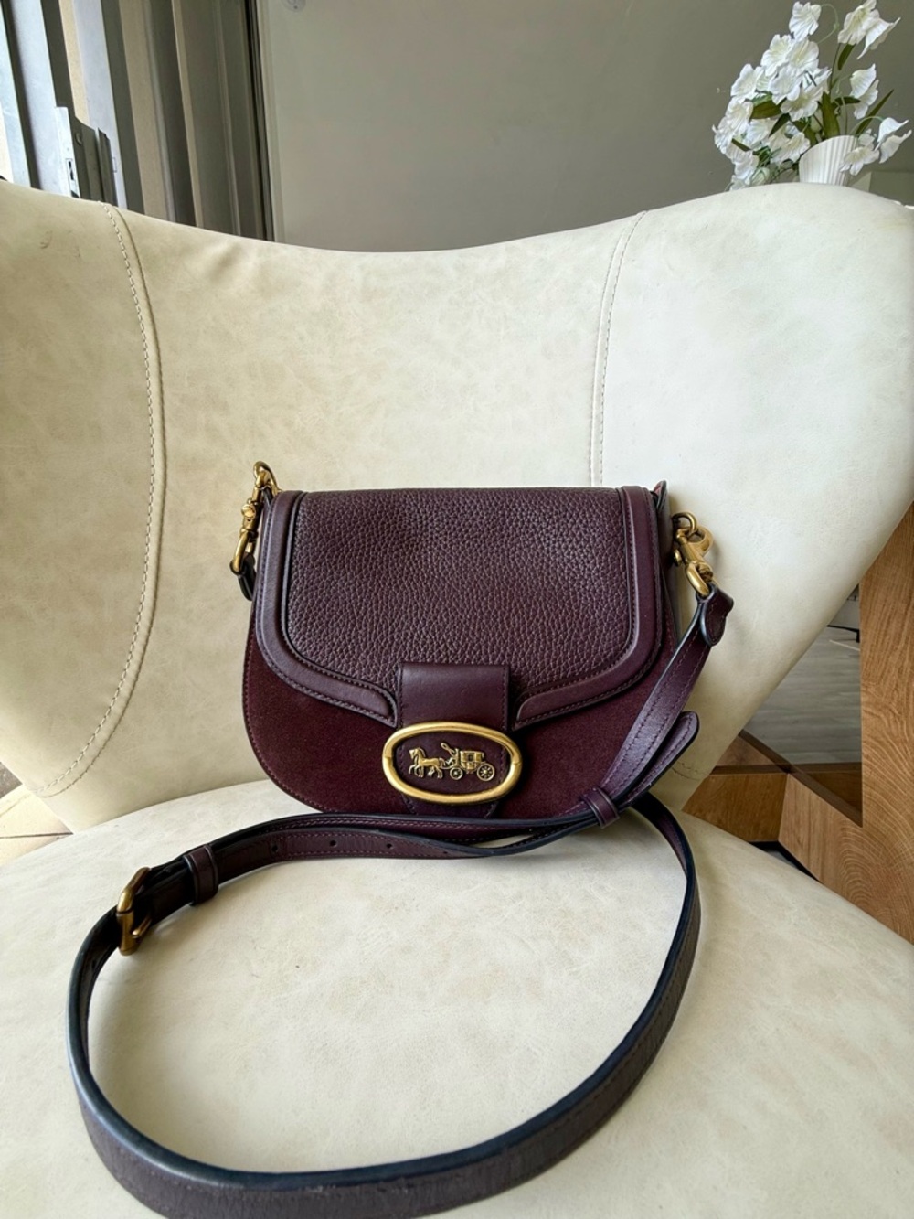 Coach Burgundy Leather Crossbody Saddle Bag with Gold Hardware